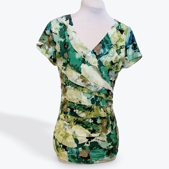 dressbarn Tops - Dressbarn Womens Green Floral Tiered Ruffle V-Neck Short Sleeve Blouse Small